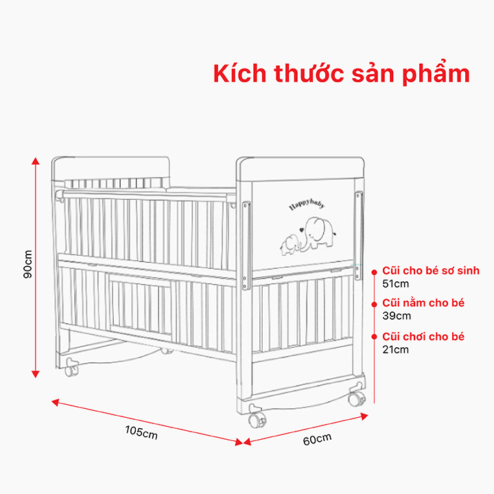Cũi gỗ thông minh 2 tầng GENMAMA, nôi giường đa năng 6 chế độ kèm màn, kích thước 105*60*90 cm