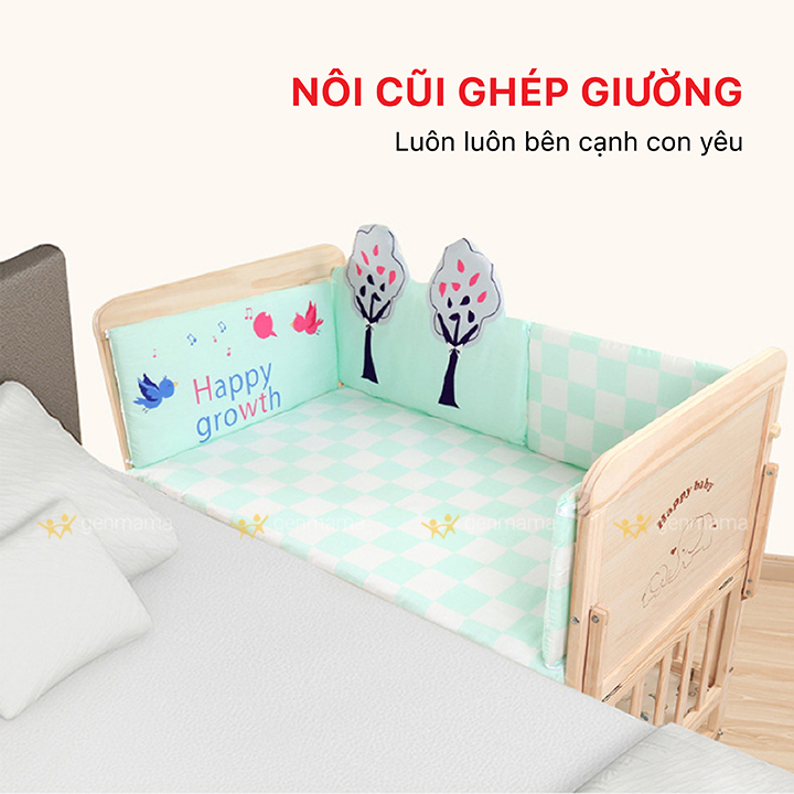 Cũi gỗ thông minh 2 tầng GENMAMA, nôi giường đa năng 6 chế độ kèm màn, kích thước 105*60*90 cm