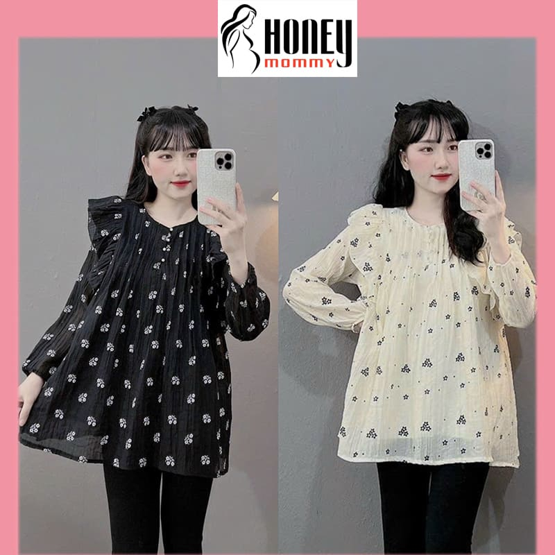 Áo Bầu Công Sở Dài Tay Họa Tiết Hoa Nhí Chất Voan Tơ 2 Lớp Dáng Babydoll Xinh Xắn Hè Thu HS3627 Honey Mommy