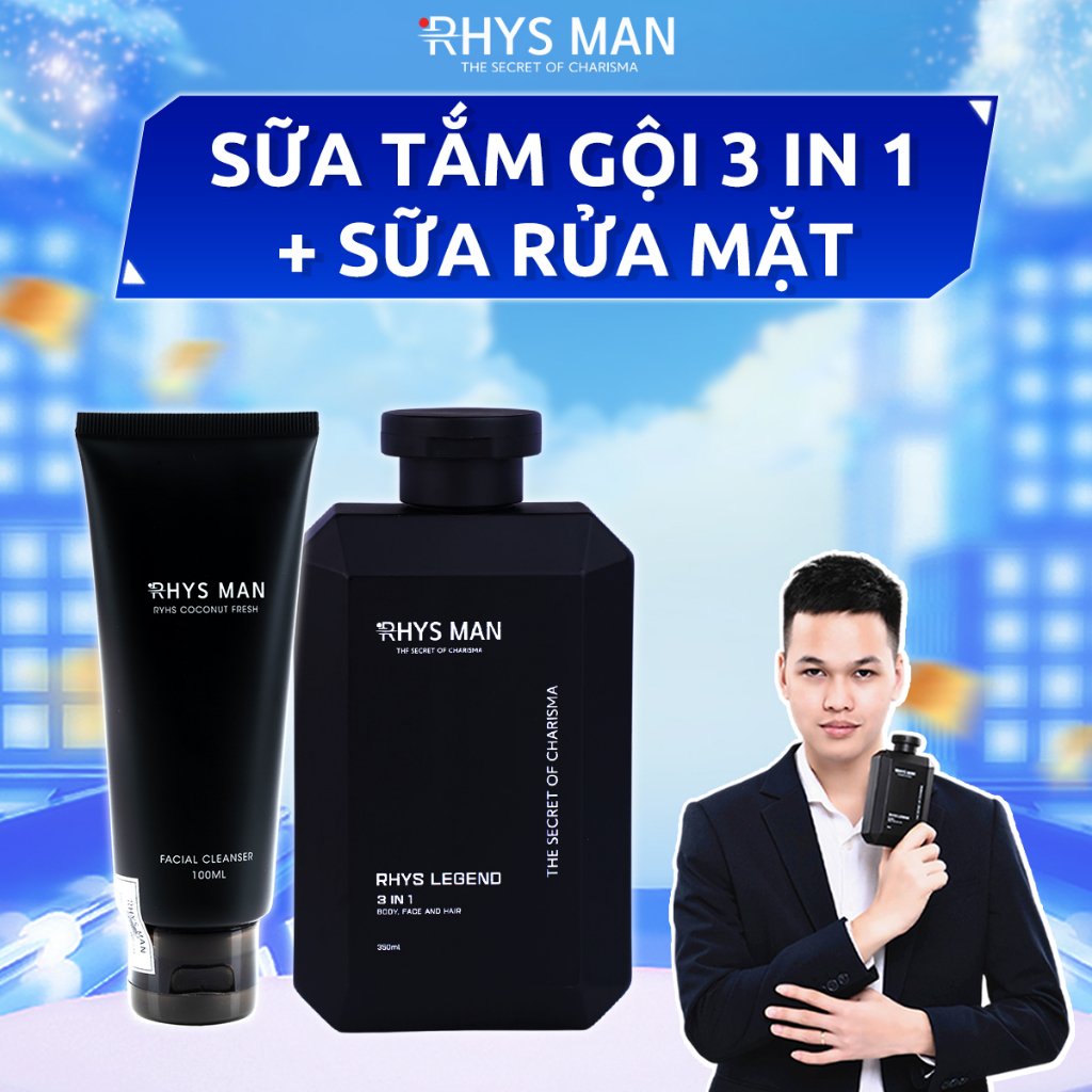 2 Chai Lẻ - Sữa tắm gội nam Rhys Legend 3in1 350ml & Sữa rửa mặt nam Rhys Coconut Fresh 100ml
