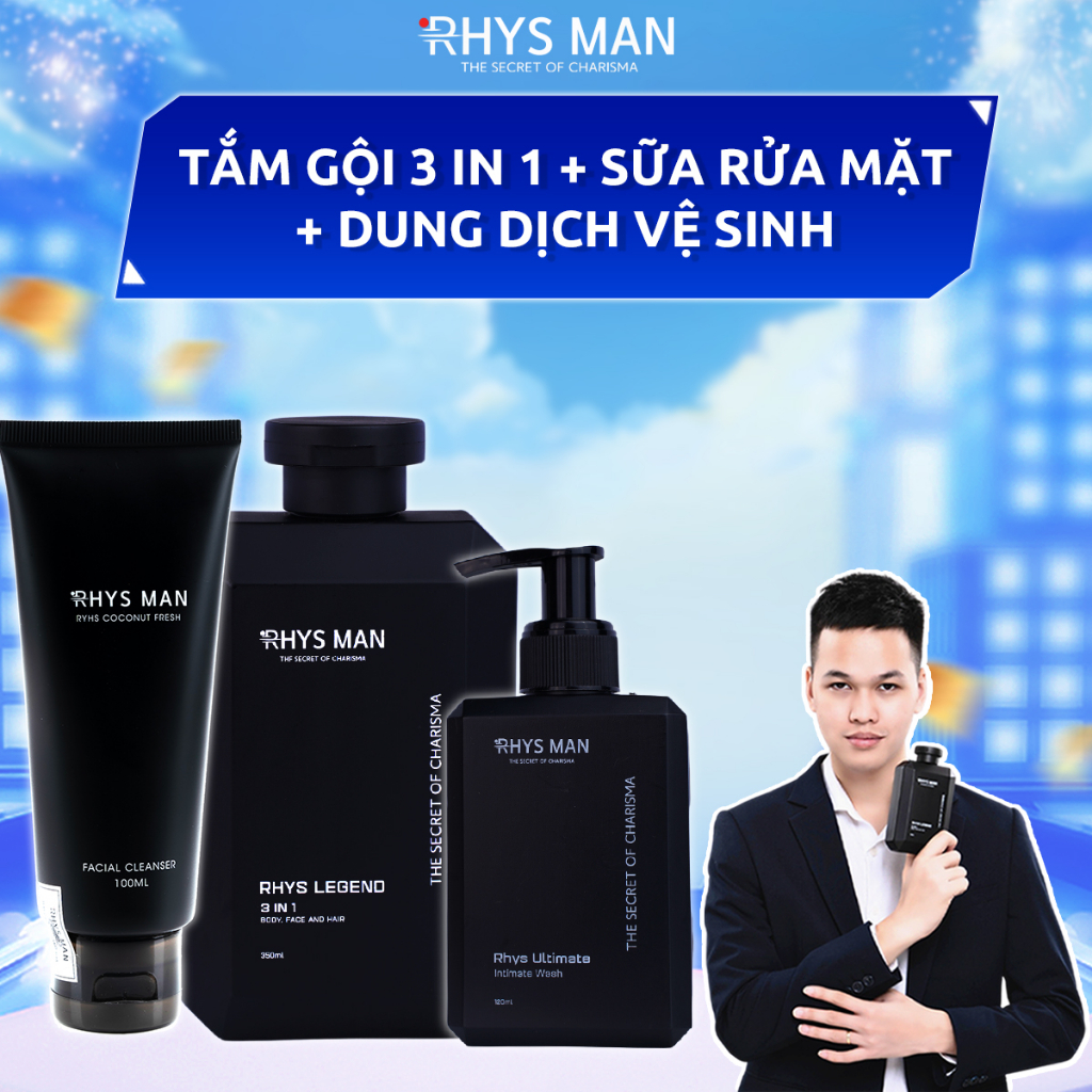 3 Chai Lẻ - Sữa tắm gội nam 3in1 350 ml & Sữa rửa mặt nam 100ml & Dung dịch vệ sinh nam 120ml RHYSMAN