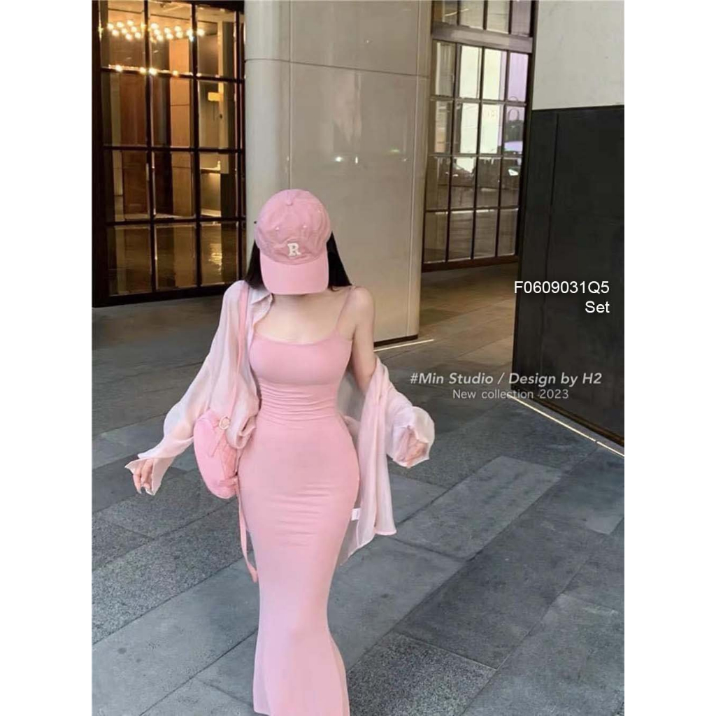 Set 2 món đầm ôm dáng dài 2 dây phối áo sơ mi khoác tay dài hàng đẹp!