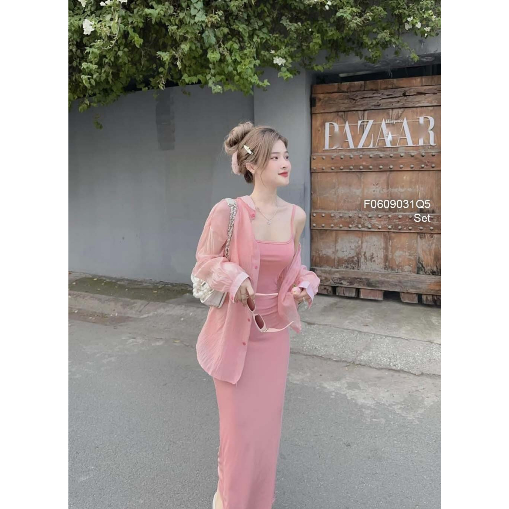 Set 2 món đầm ôm dáng dài 2 dây phối áo sơ mi khoác tay dài hàng đẹp!