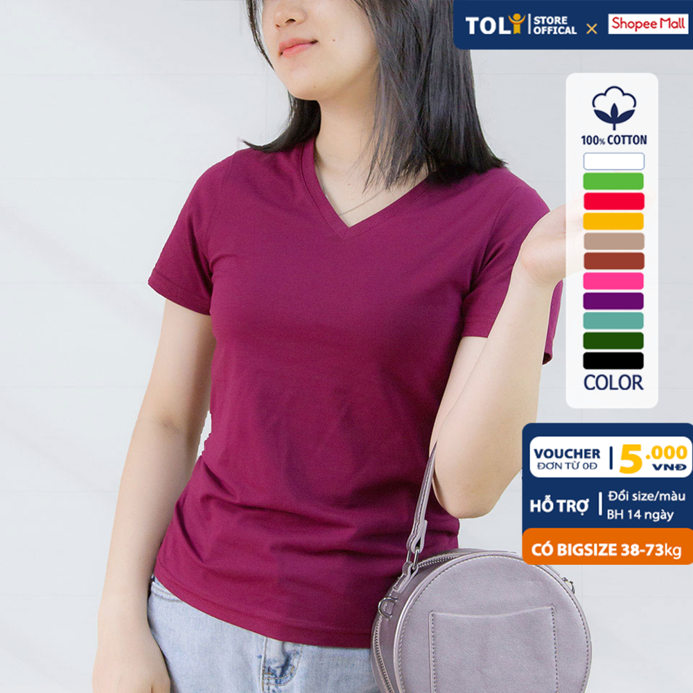 Áo thun cổ tim nữ TOLI màu trơn, vải cotton 4 chiều mềm mịn, dáng suông ôm vừa, bigsize [ từ 59kg - 85kg ]