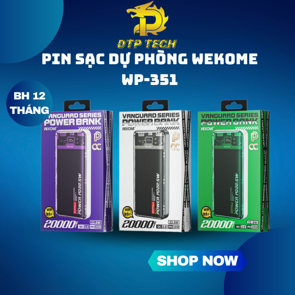 Sạc dự phòng trong suốt WP-351/ WP-353 hỗ trợ sạc nhanh PD20w 22.5w 10.000mah-20.000mah 2 cổng tiên lợi BH 12 Tháng
