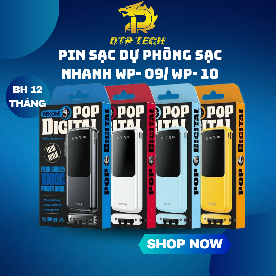 Pin sạc dự phòng 10.000mah-20.000mah WP-09 / WP-10 hỗ trợ sạc nhanh kèm dây sạc, màn hình led hiển thị pin