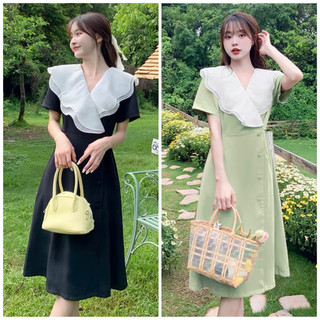 Đầm cổ bèo trắng form dài 2 màu