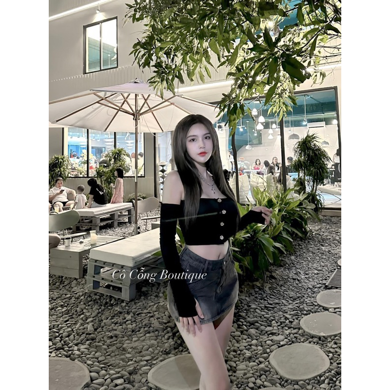 Áo trễ vai crotop dài tay có mut ngực dây áo trong