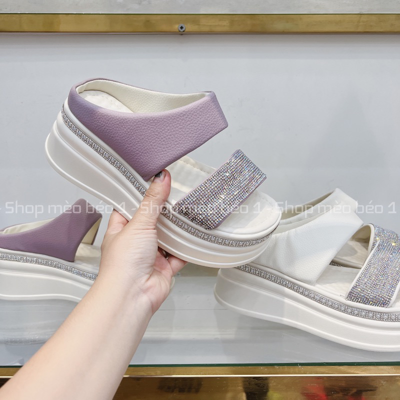 Dép hai quai đá ngang bản to đế cao viền đá fullbox hàng quảng châu cao cấp