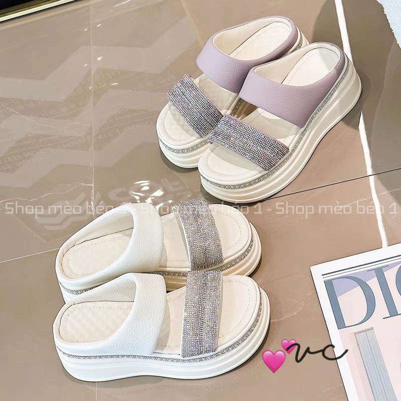 Dép hai quai đá ngang bản to đế cao viền đá fullbox hàng quảng châu cao cấp