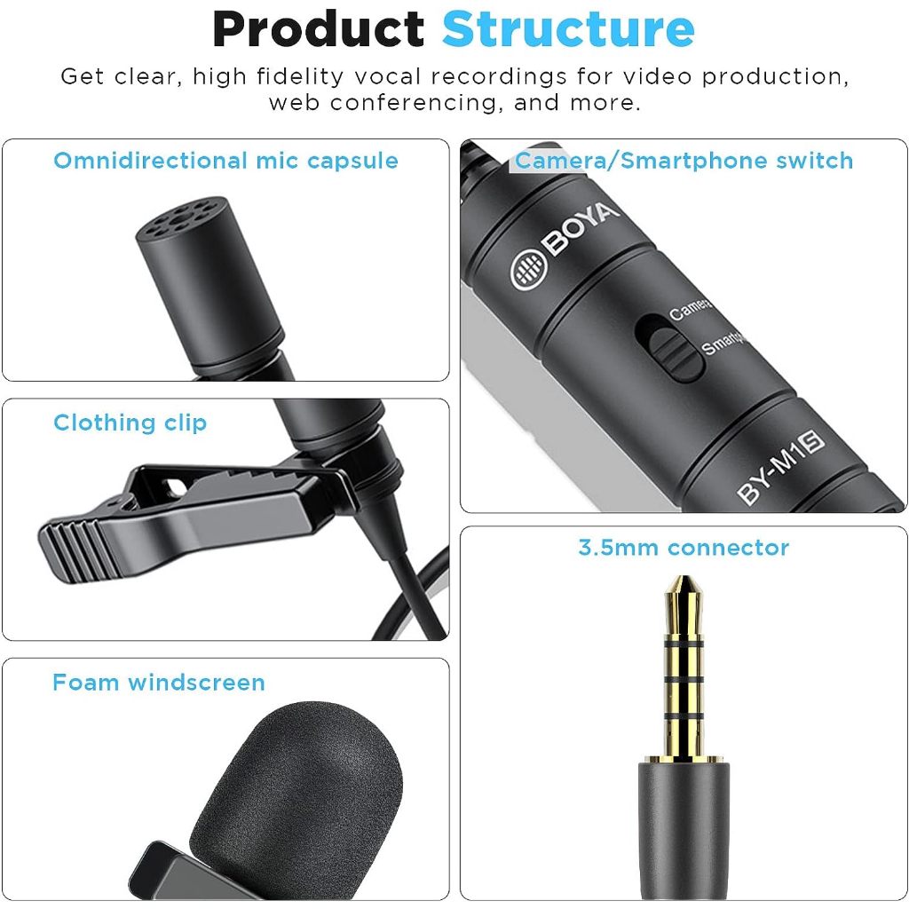 BOYA BY-M1S - Mic Thu Âm Cài Áo Có Dây Cổng 3.5mm TRRS Cho Điện Thoại & Máy Ảnh - Hàng Chính Hãng/Bảo Hành 2 Năm