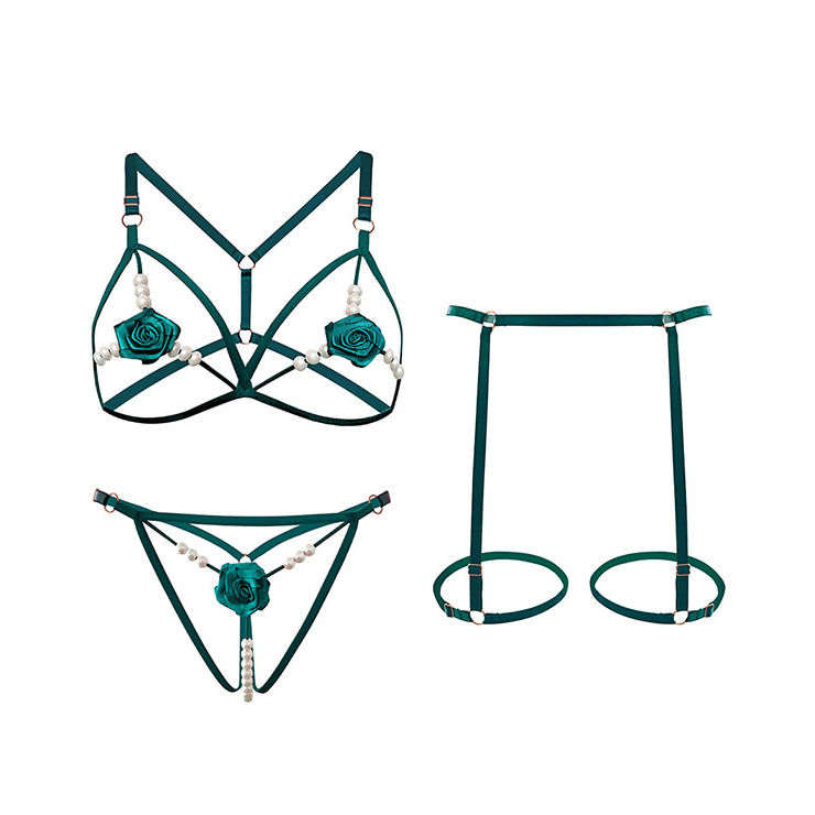 Đồ lót dây không vải đính hoa sexy kèm đai eo đính vòng chân DL813