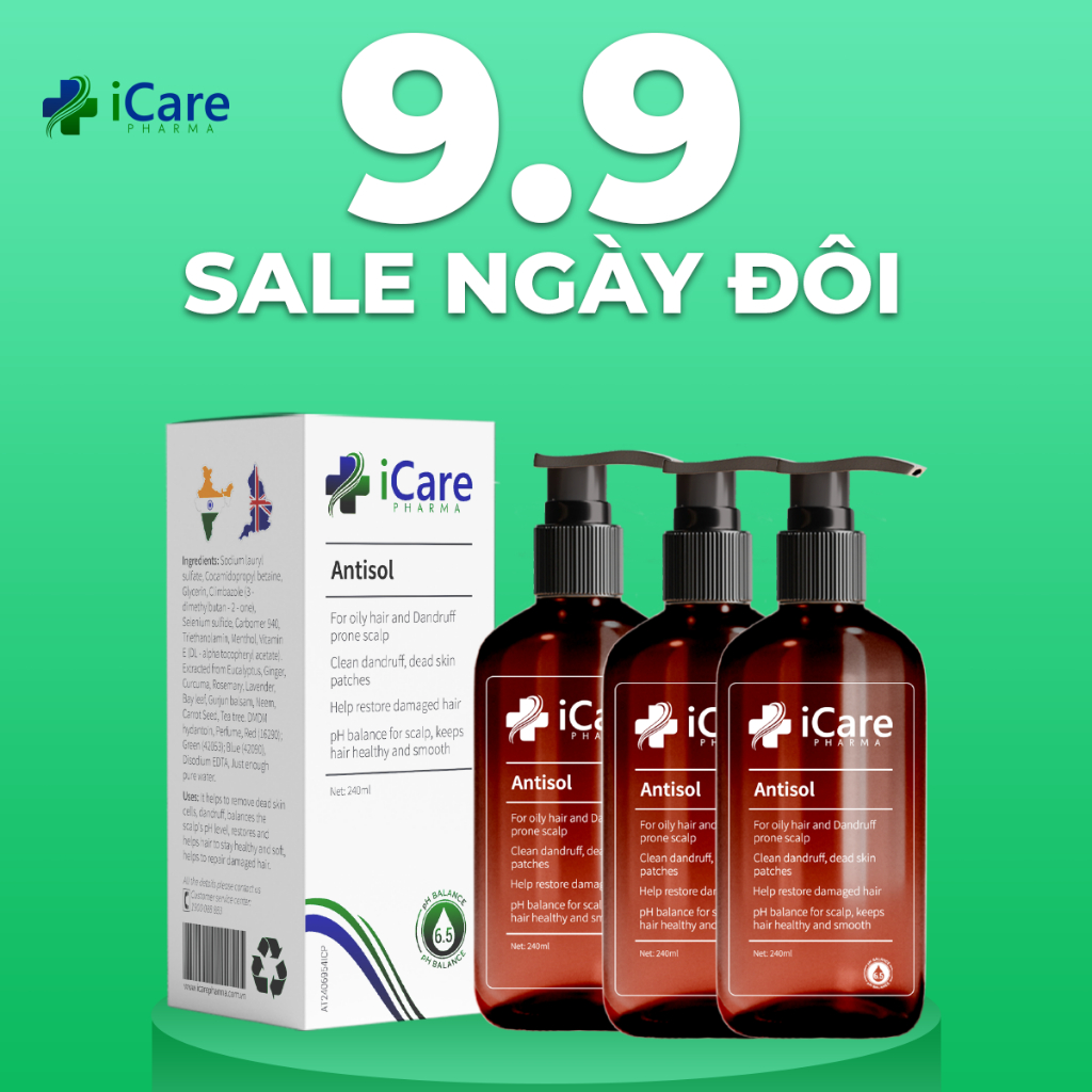 COMBO 3 Chai Dầu Gội Sạch Gàu Ngứa Da Đầu Antisol - Thương Hiệu iCare Pharma - Chiết Xuất Dược Liệu