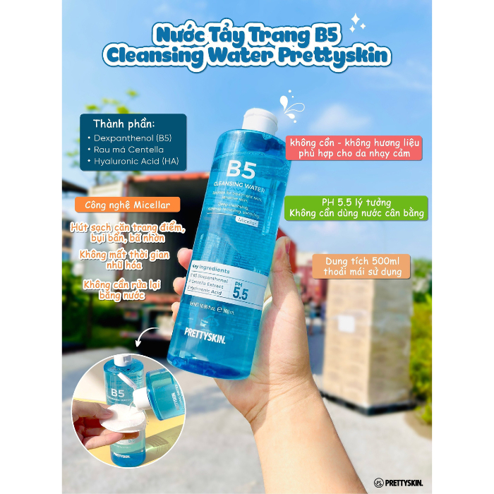 Nước Tẩy Trang Phục Hồi Cho Da Nhạy Cảm Pretty Skin Hàn Quốc B5 Cleansing Water 500ml Giúp Sạch Khuẩn Lớp Trang Điểm