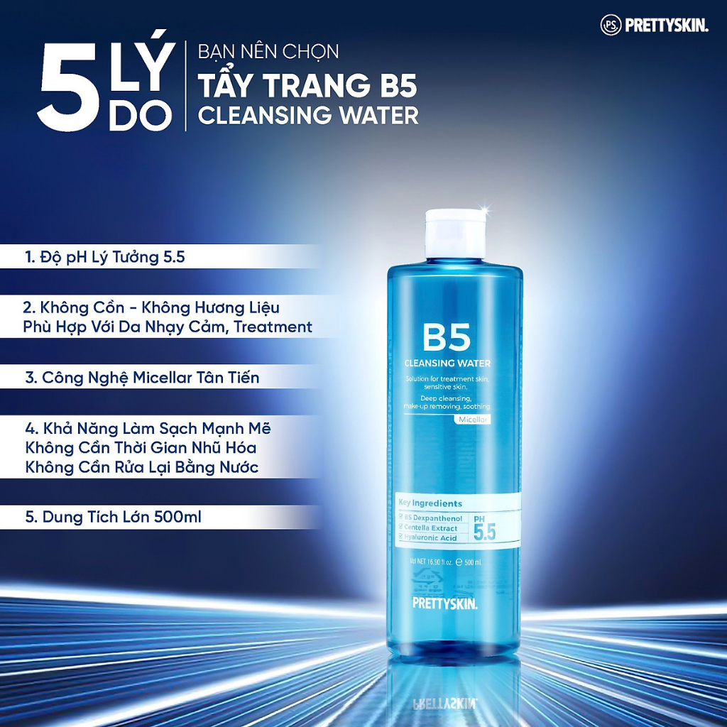 Nước Tẩy Trang Phục Hồi Cho Da Nhạy Cảm Pretty Skin Hàn Quốc B5 Cleansing Water 500ml Giúp Sạch Khuẩn Lớp Trang Điểm