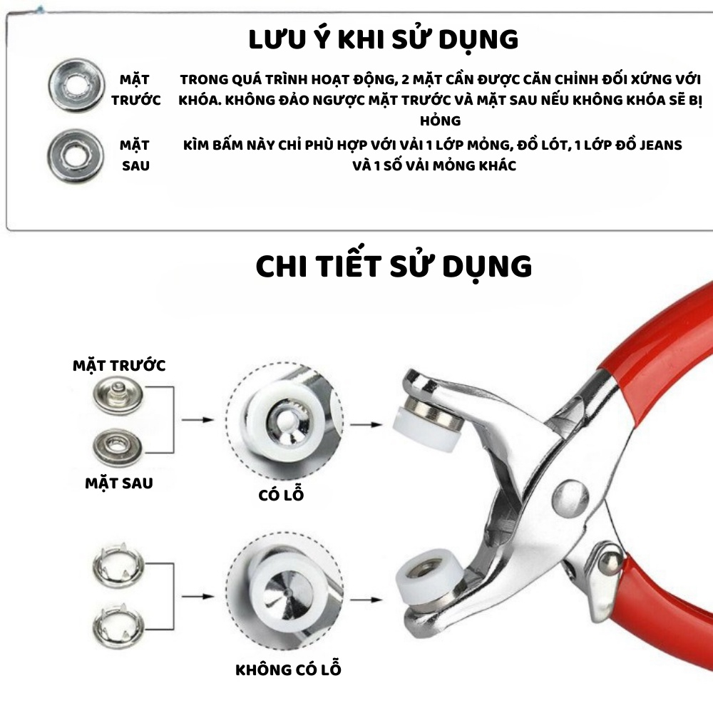 Kìm Bấm Cúc Vành Áo Đa Năng, Tặng Kèm 100 Cúc 9.5mm Thép Không Gỉ