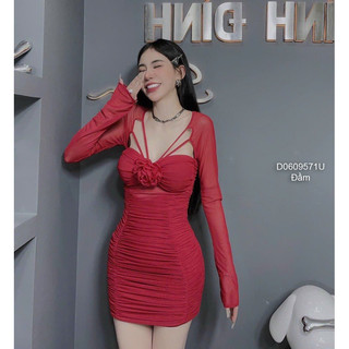 Đầm body nhún tay dài ngực phối hoa sang trọng VIENS STORE