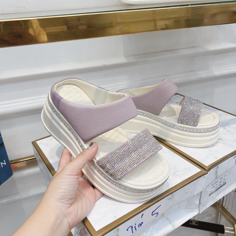 Dép hai quai đá ngang bản to đế cao viền đá fullbox hàng quảng châu cao cấp