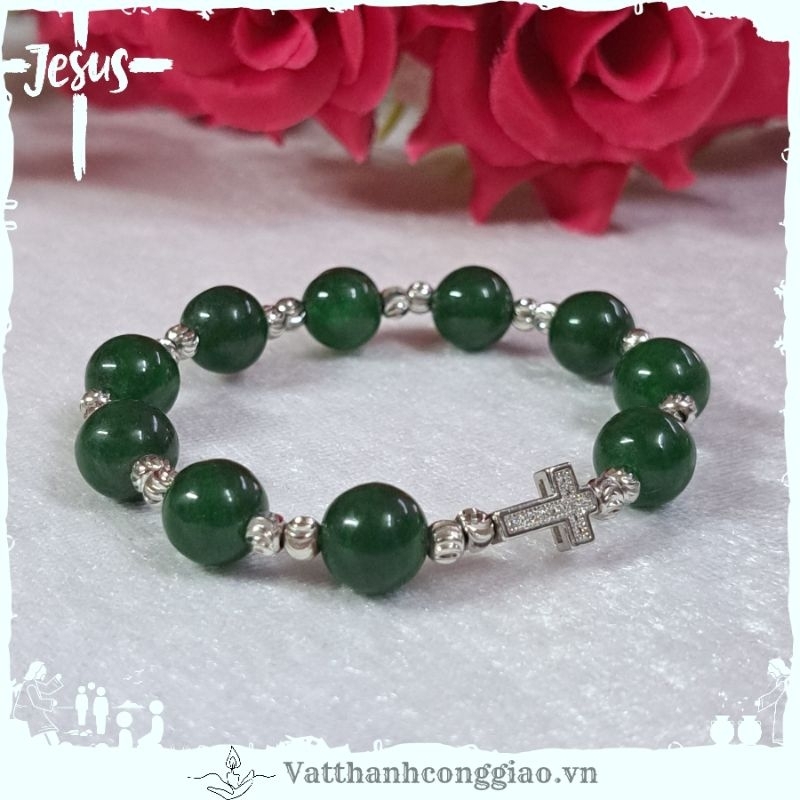 Vòng Tay Mân Côi Vật Phẩm Công Giáo | Mẫu Đá Tư Nhiên Xanh Nhạt | Thánh Giá Titan