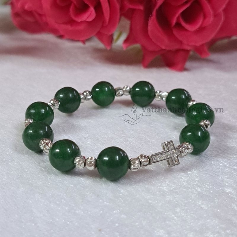 Vòng Tay Mân Côi Vật Phẩm Công Giáo | Mẫu Đá Tư Nhiên Xanh Nhạt | Thánh Giá Titan