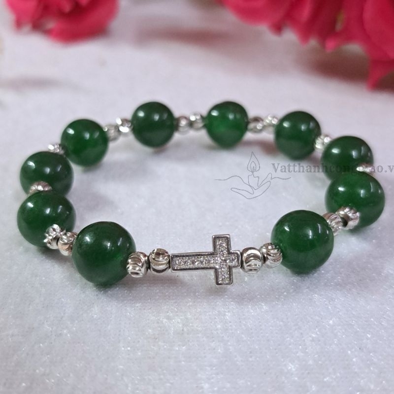 Vòng Tay Mân Côi Vật Phẩm Công Giáo | Mẫu Đá Tư Nhiên Xanh Nhạt | Thánh Giá Titan