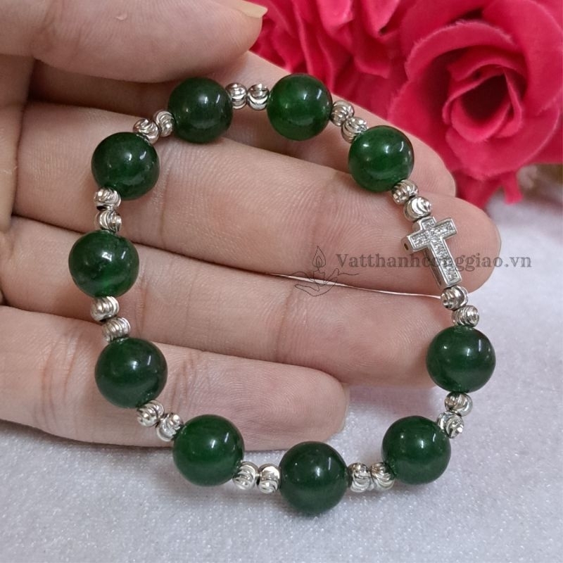 Vòng Tay Mân Côi Vật Phẩm Công Giáo | Mẫu Đá Tư Nhiên Xanh Nhạt | Thánh Giá Titan