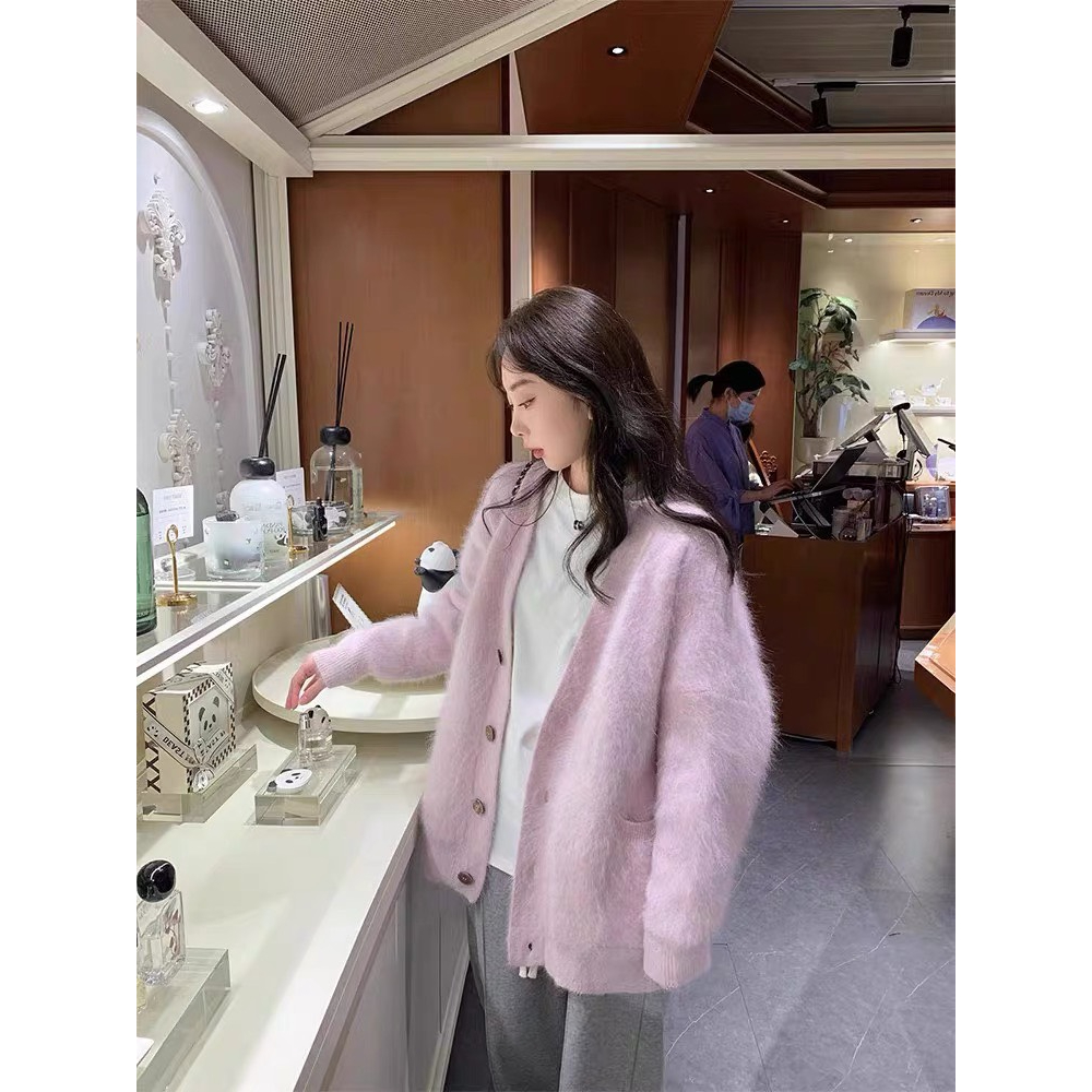 (ORDER - Sẵn Tím) Áo khoác len cardigan màu hồng nhạt cài dọc khuy cổ V style Hàn Quốc