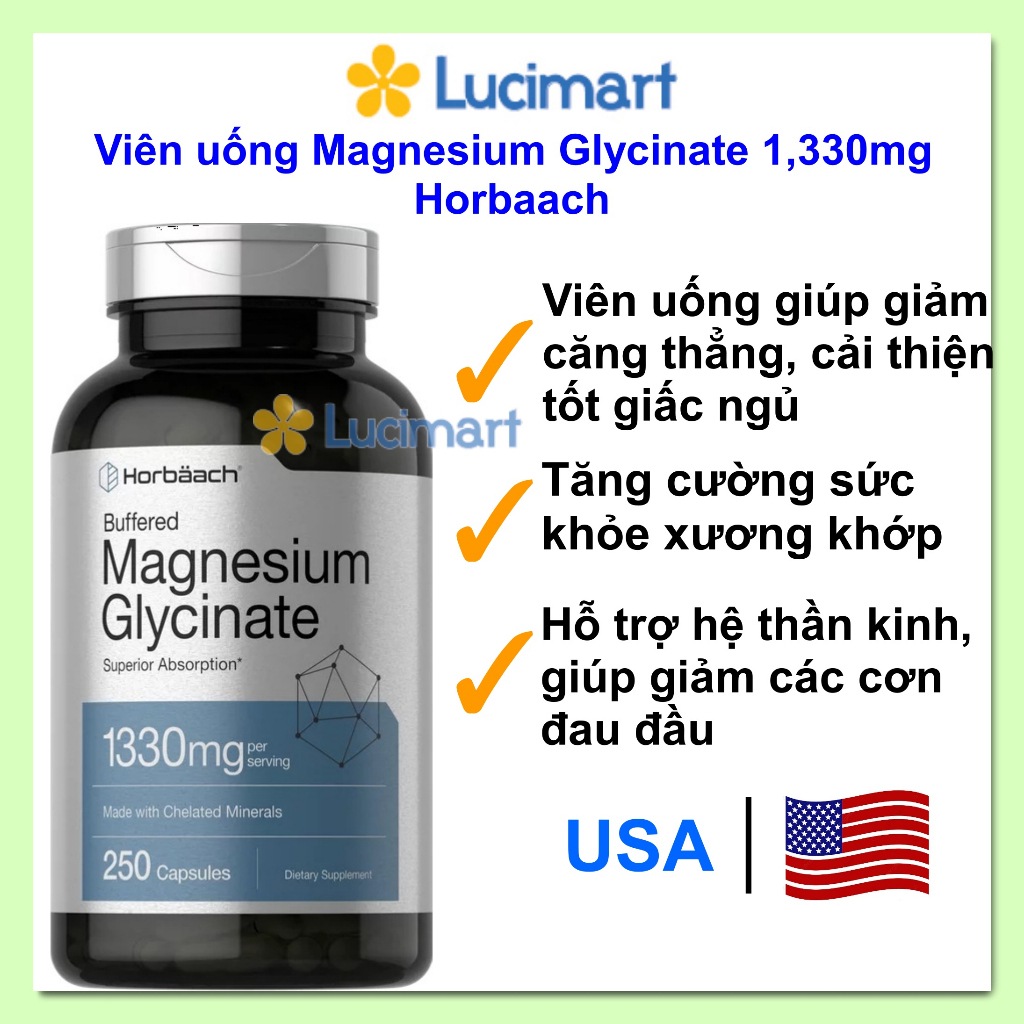 Viên uống Magnesium Glycinate 1330mg Horbaach hỗ trợ cơ, xương, thần kinh hũ 250 viên [Hàng Mỹ]