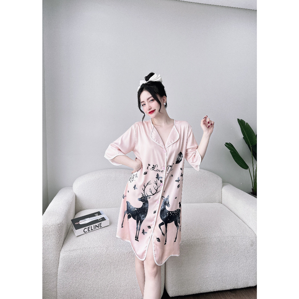 Đầm ngủ sơ mi lụa latin tơ tằm Olici in hình cao cấp