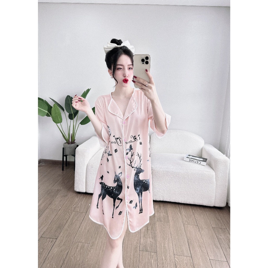 Đầm ngủ sơ mi lụa latin tơ tằm Olici in hình cao cấp