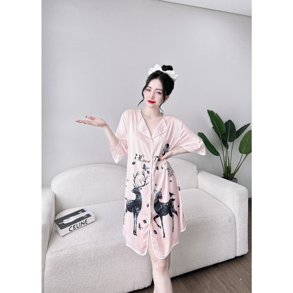 Đầm ngủ sơ mi lụa latin tơ tằm Olici in hình cao cấp