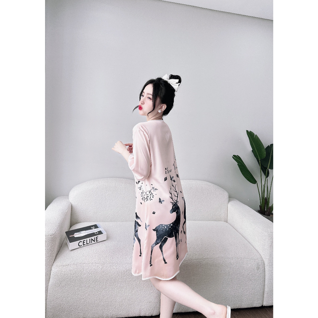 Đầm ngủ sơ mi lụa latin tơ tằm Olici in hình cao cấp