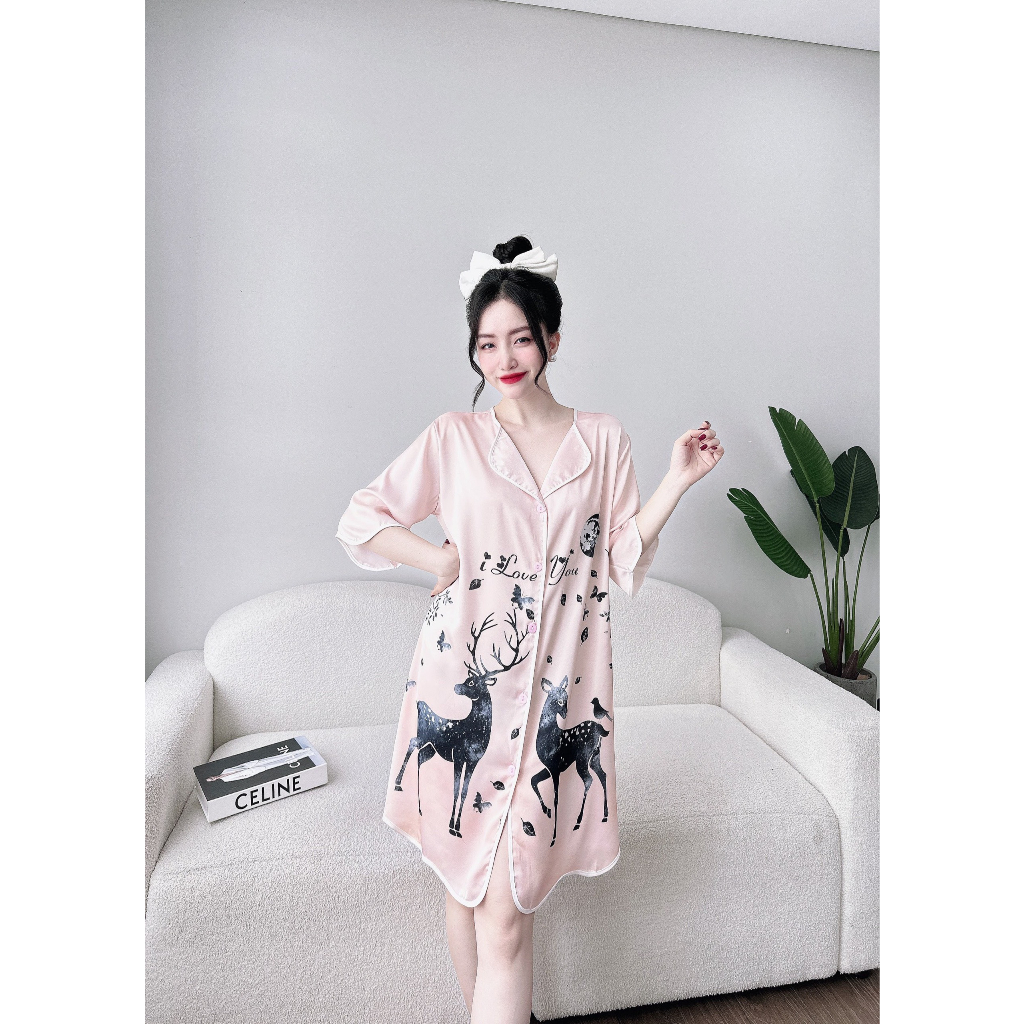 Đầm ngủ sơ mi lụa latin tơ tằm Olici in hình cao cấp