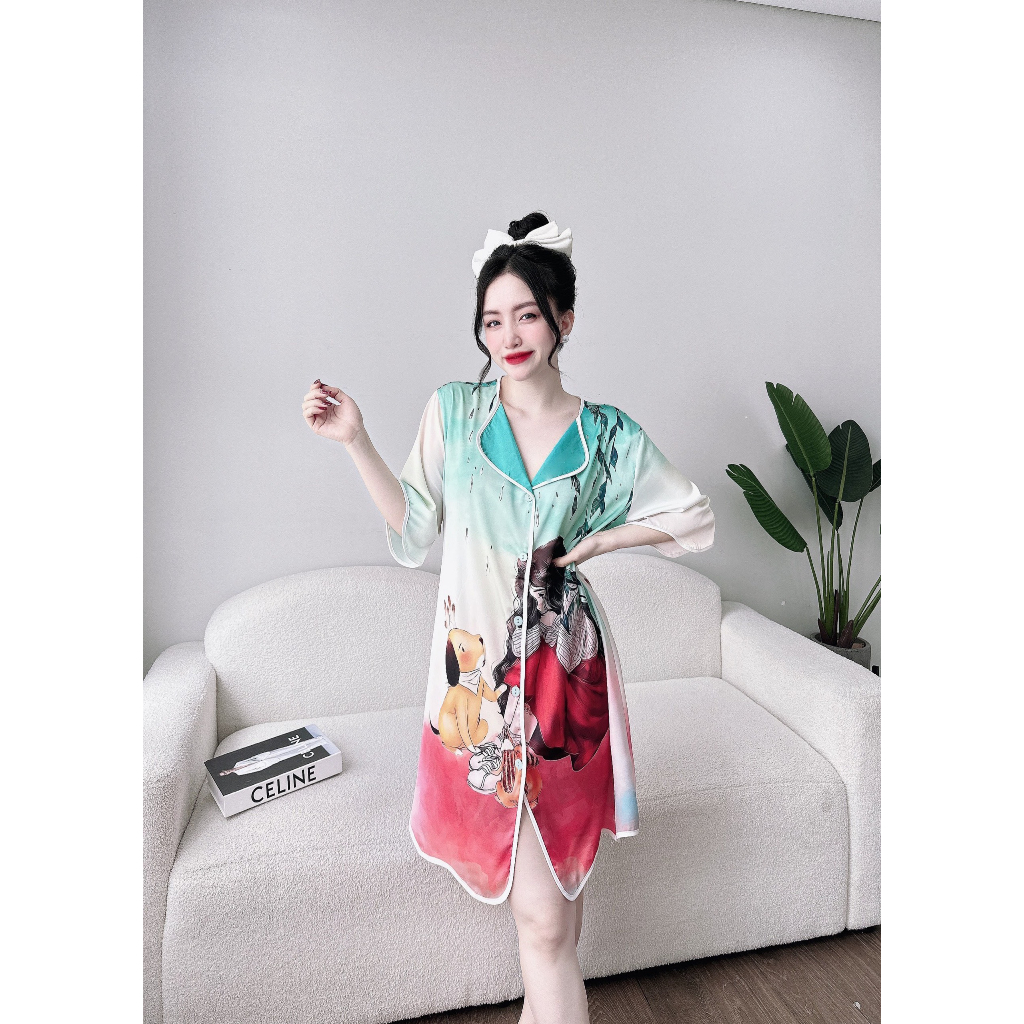 Đầm ngủ sơ mi lụa latin tơ tằm Olici in hình cao cấp