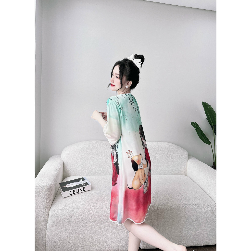 Đầm ngủ sơ mi lụa latin tơ tằm Olici in hình cao cấp