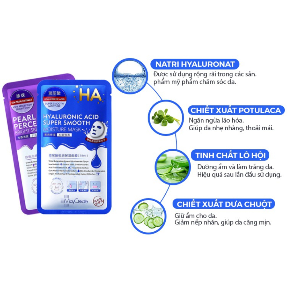 Bộ 20 miếng mặt nạ đắp mặt siêu cấp ẩm HA Xanh Hyaluronic Acid Super Smooth Moisture Mask Xanh hoặc Tím