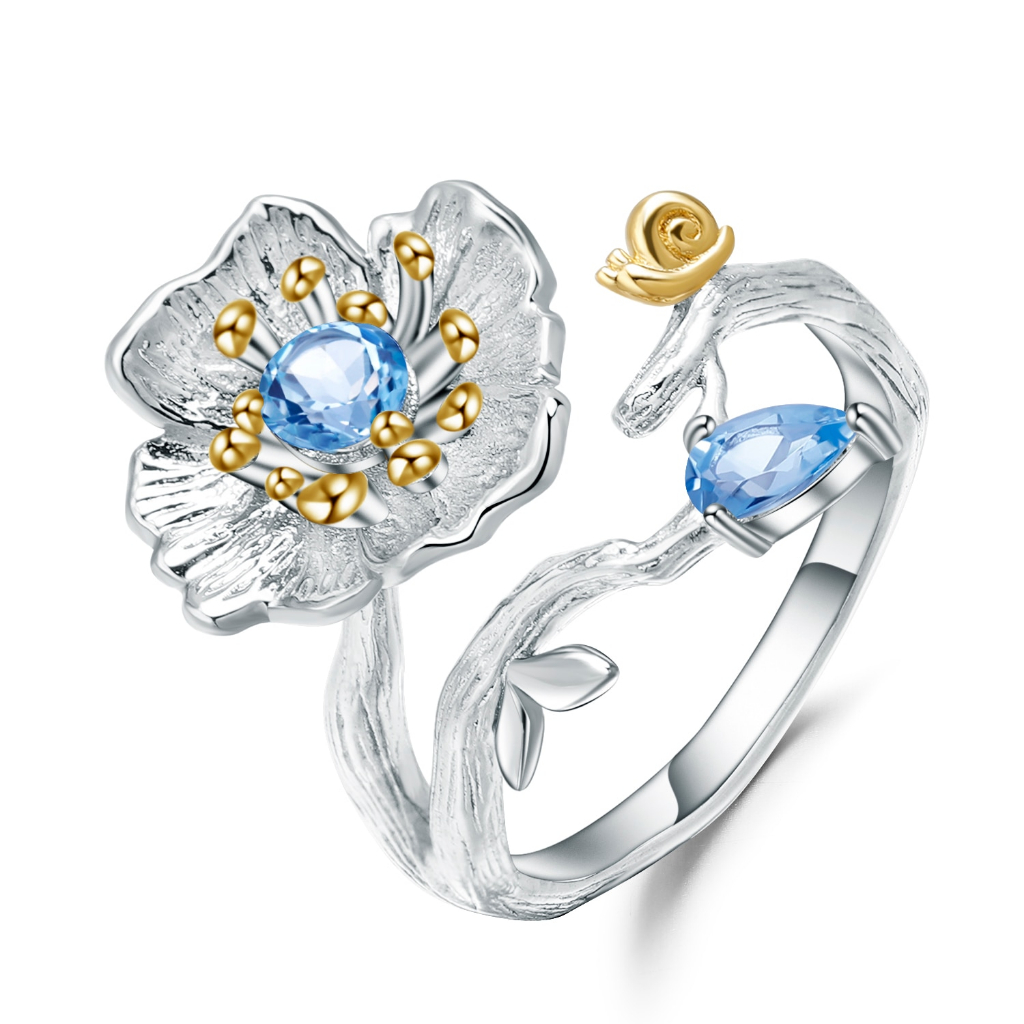 (KH vui lòng check giá/order qua IG) Nhẫn bạc 925 Peach Blossom đá Swiss blue topaz - Đá Topaz xanh Thụy Sĩ  mạ Rhodium