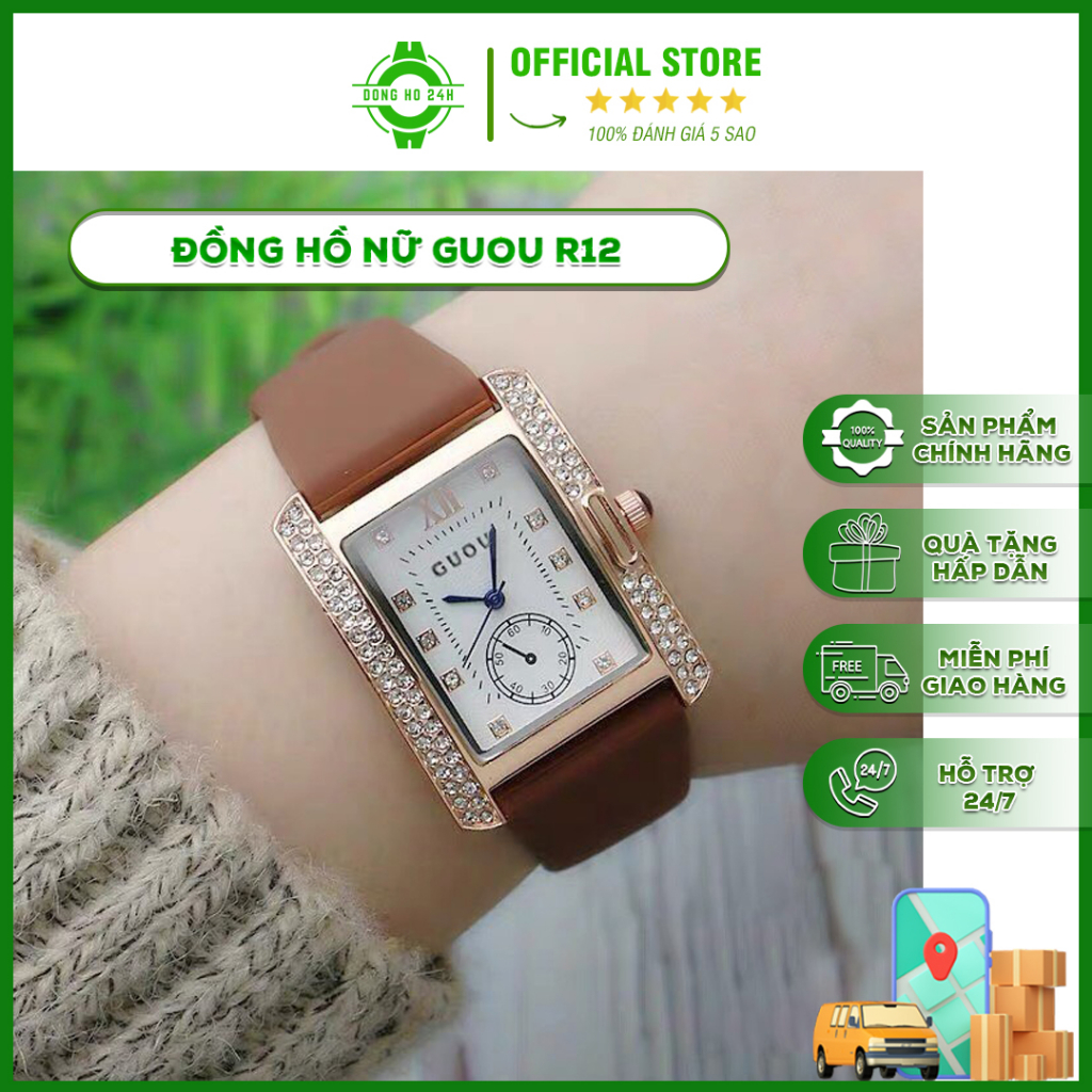 Đồng Hồ Nữ Guou R12 - Đồng Hồ Cao Cấp ĐỒNG HỒ 24H Mặt Chữ Nhật, Dây Silicon Có Độ bền Cao, Chống Trầy Vượt Trội