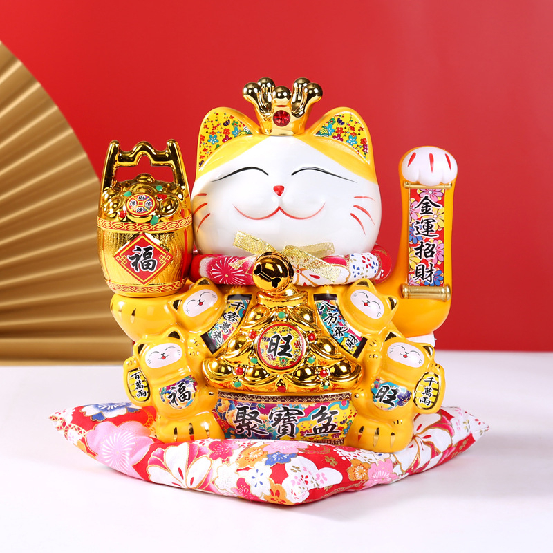 Mèo Thần Tài Mèo May Mắn Mèo Tài Lộc vẫy tay Nhật Bản Maneki Nekko băng gốm sứ cao cấp 97-11 Vàng Cao 29cm