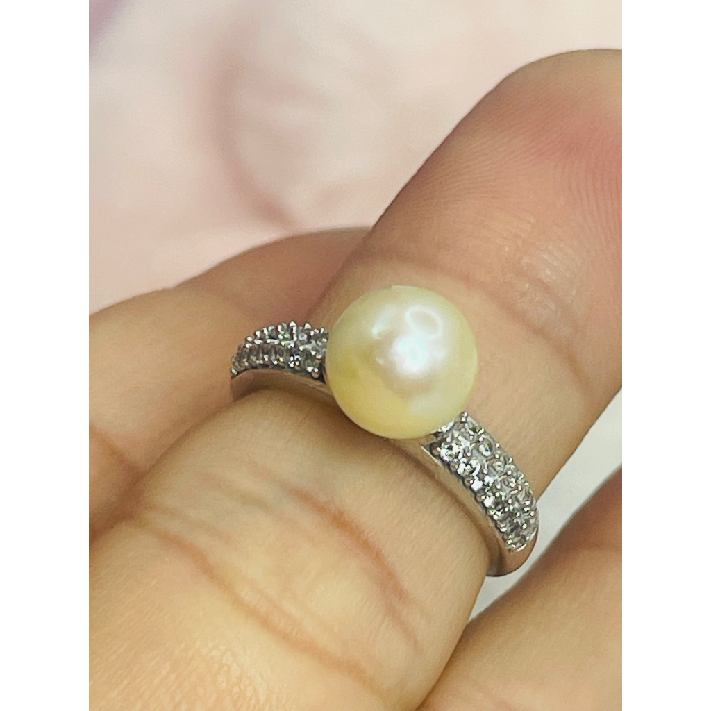 Nhẫn Bạc xi Kim mặt Trai biển Akoya
