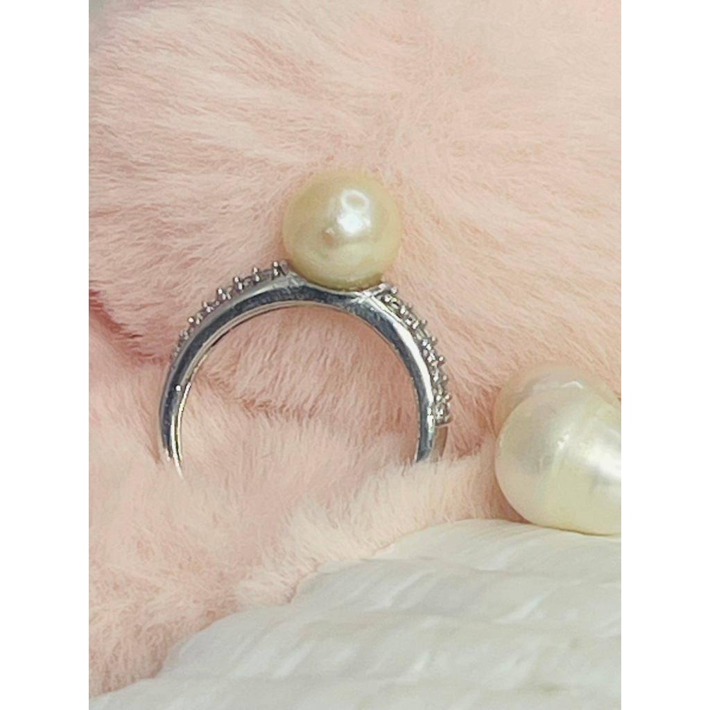 Nhẫn Bạc xi Kim mặt Trai biển Akoya