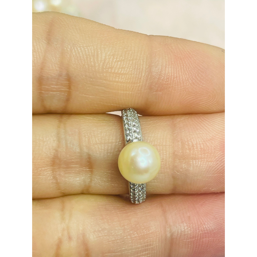 Nhẫn Bạc xi Kim mặt Trai biển Akoya