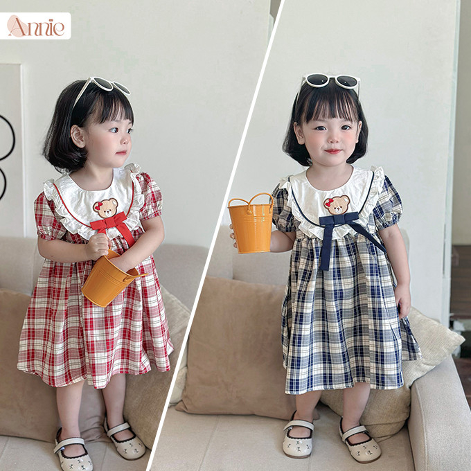 Váy bé gái babydoll cho bé 2 3 4 5 6 7 tuổi Anniebaby thêu gấu tay bồng Hàn Quốc từ 12 đến 25kg VA23031