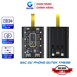 Sạc dự phòng 20000mAh Gutek YM690 dung lượng pin lớn vỏ trong suốt tích hợp dây sạc nhanh cho nhiều thiết bị