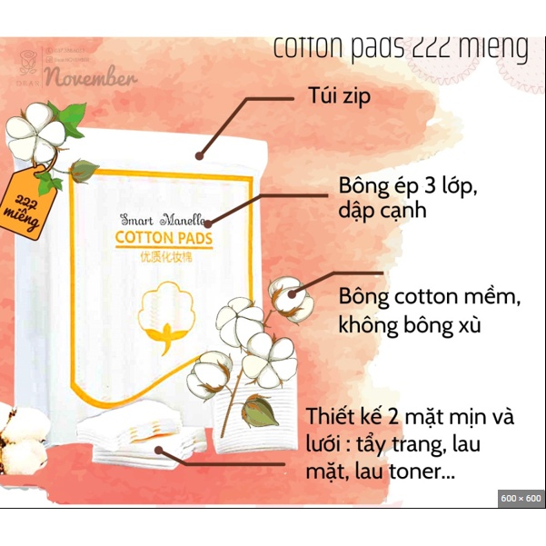 Bông Tẩy Trang Cotton Pads 222 Miếng 3 Lớp Cotton Không Xơ, Mềm Mịn, Siêu Thấm Hút