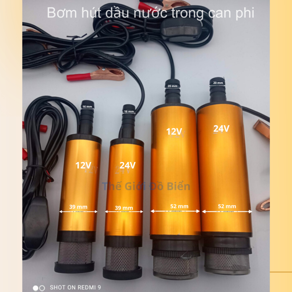 Máy bơm nhiên liệu dầu, nước thả trong can phi dùng điện 12V 24V lõi đồng vỏ nhôm có kẹp và công tắc.