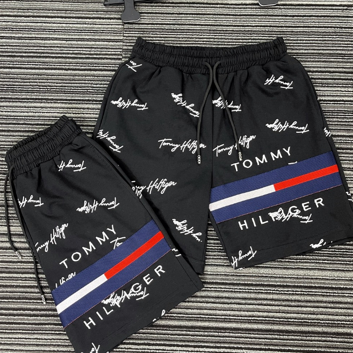 Quần đùi TOMMY hoạ tiết thêu kẻ ngang chữ chất vải dày dặn - Quần đùi nam nữ hot trend