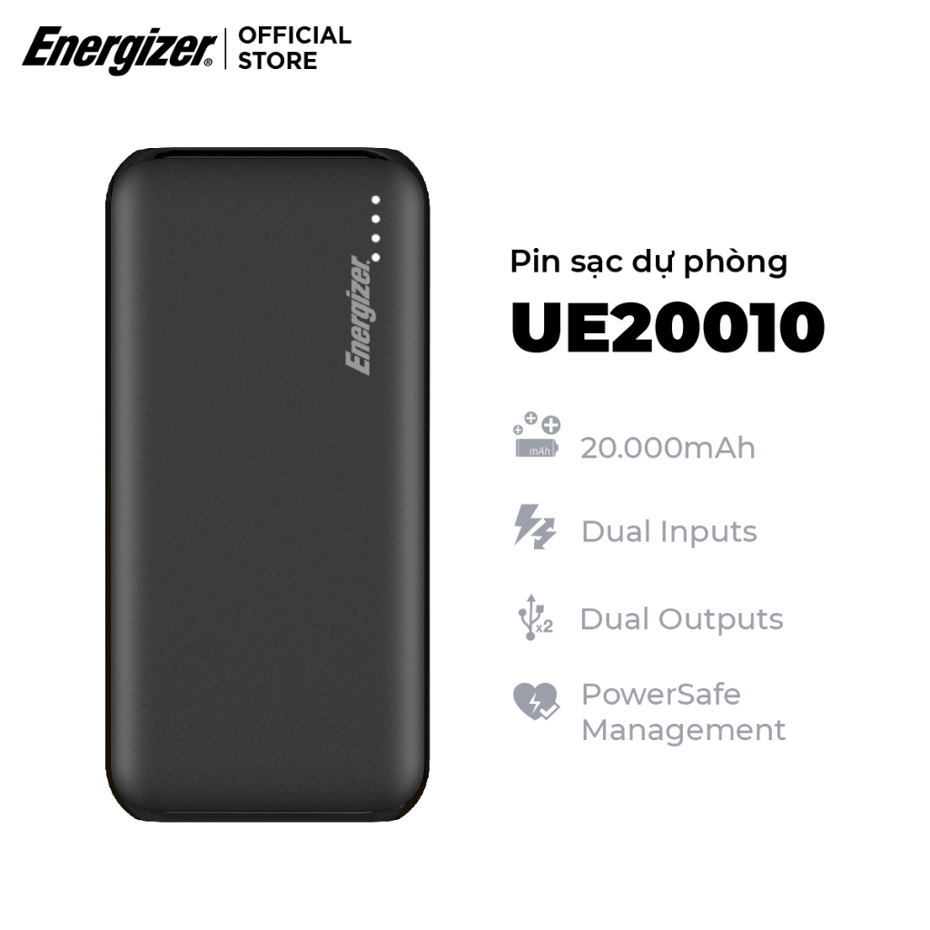 Sạc dự phòng Energizer UE20010 - Dung lượng lớn 20000mAh, tích hợp 2 cổng output - Hàng chính hãng