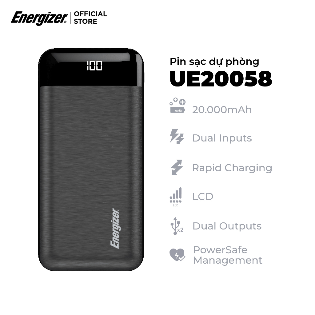 Pin dự phòng Energizer 20000mAh UE20058 - 2 cổng outputs, 2 cổng inputs tiện lợi - Hàng chính hãng