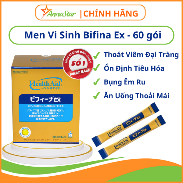 Men vi sinh Nhật Bản - Hỗ trợ tiêu hoá, giảm nguy cơ viêm đại tràng - Bifina Ex Nhật Bản hộp 60 gói